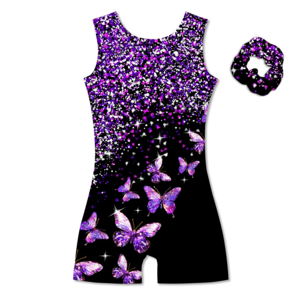 Aideaone Girl Gymnastic Leotards with Hair Scrunchie Sparkle Dance Unitards for 4-12Years