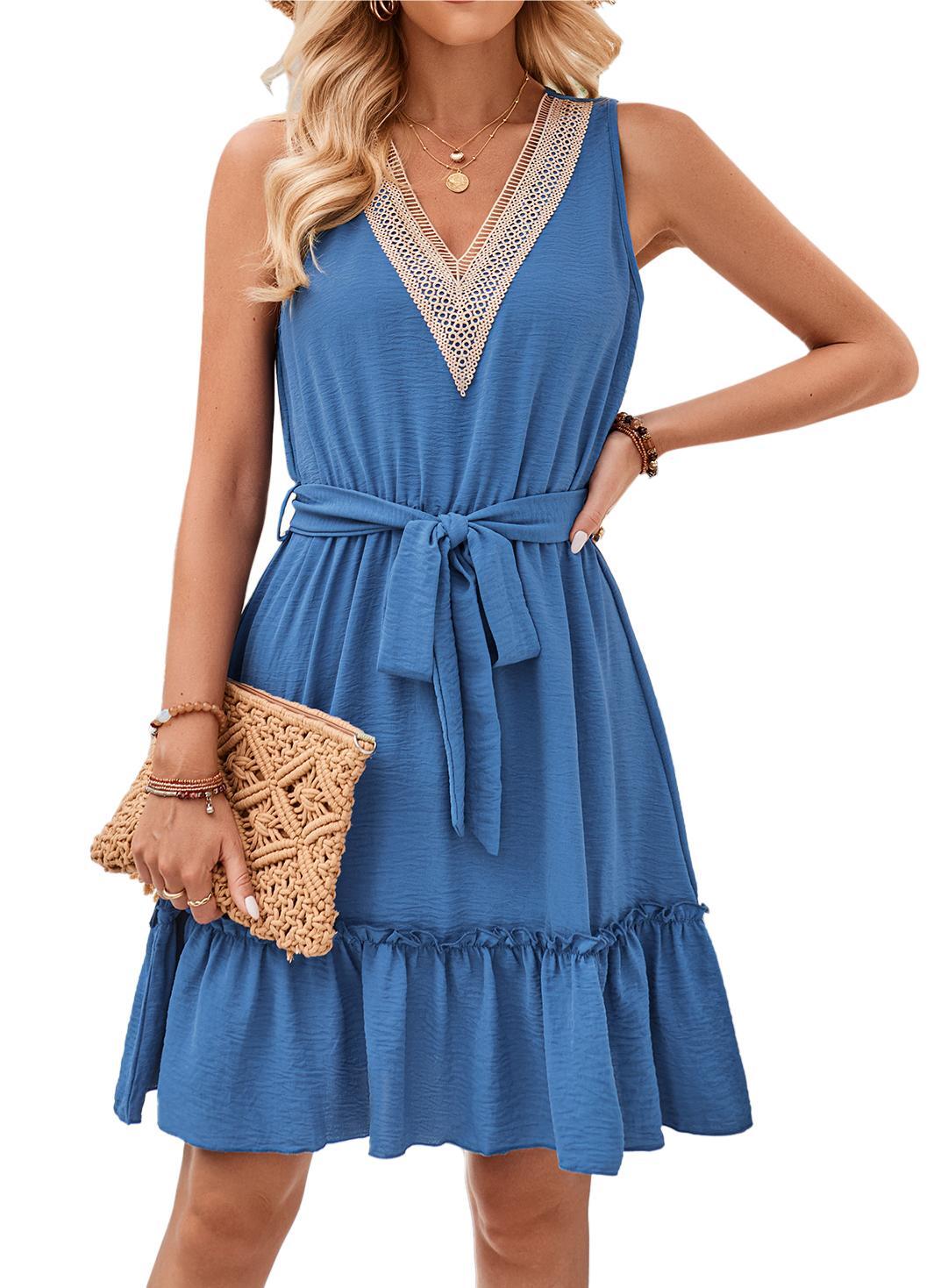 Lollipie Women's Summer Dresses Casual V-Neck Sleeveless Belted Beach Dress A-Line Tiered Swing Sundress