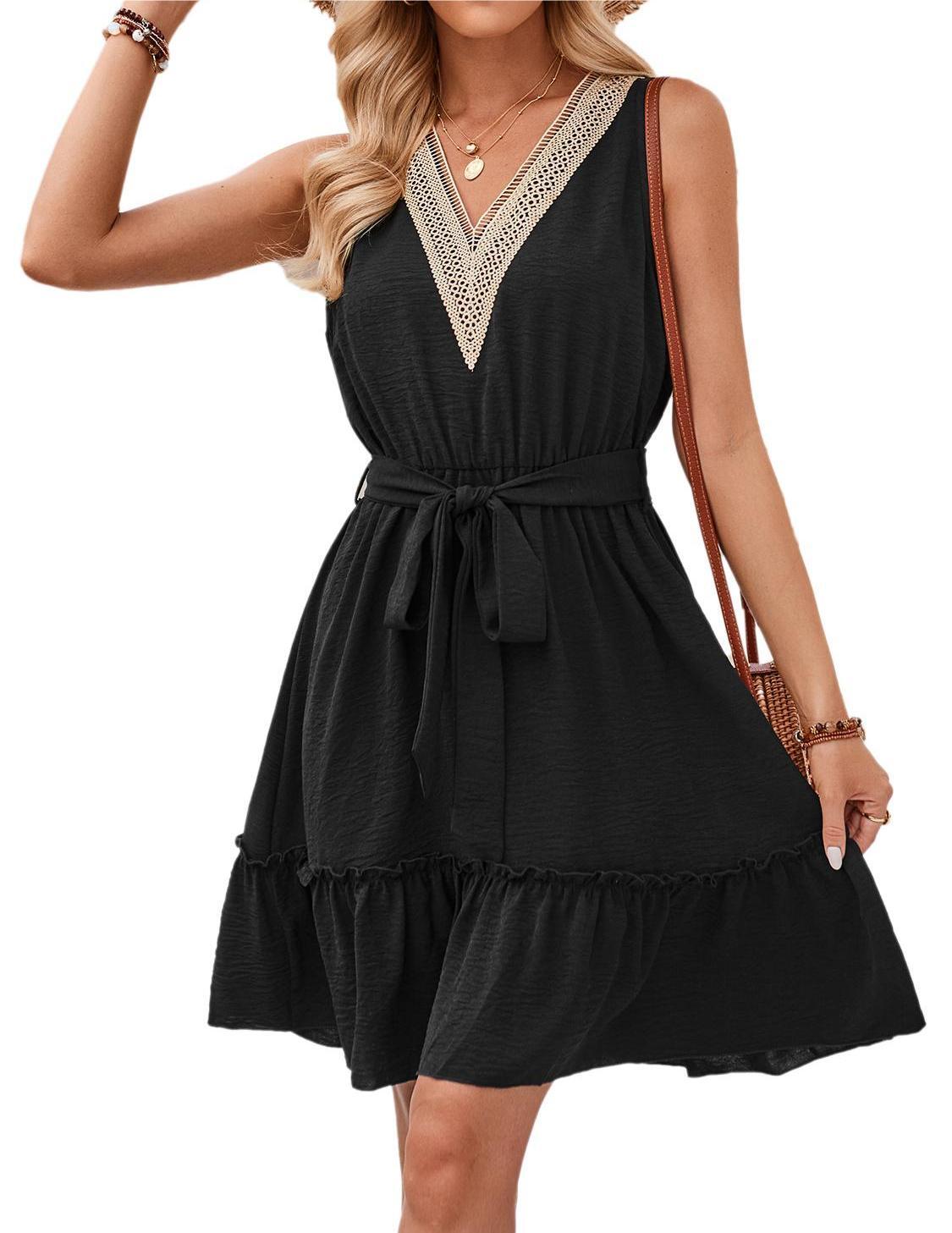 Lollipie Women's Summer Dresses Casual V-Neck Sleeveless Belted Beach Dress A-Line Tiered Swing Sundress