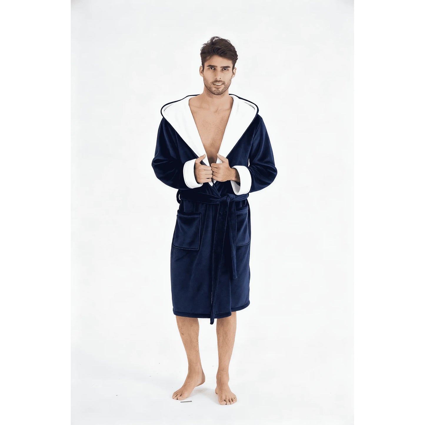 Lollipie Mens Hooded Bathrobe Lightweight Warm Long Style Plush Fleece Bathrobe with Pockets