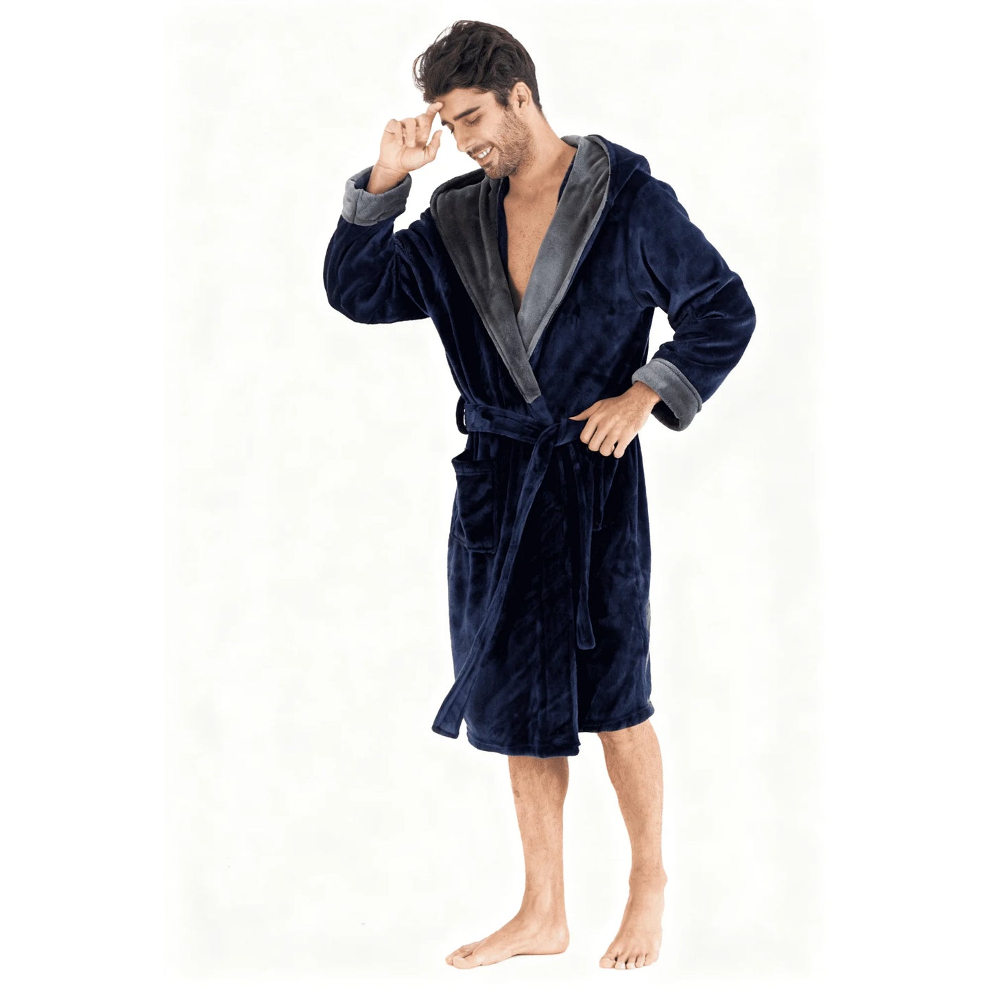 Lollipie Mens Hooded Bathrobe Lightweight Warm Long Style Plush Fleece Bathrobe with Pockets