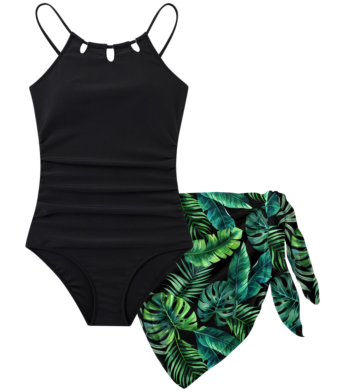 Aideaone Girls Swimsiut One-Piece with Cover Up Adjustable Straps Cut Out Swimwear Beach Bathing Suit Size 8-16