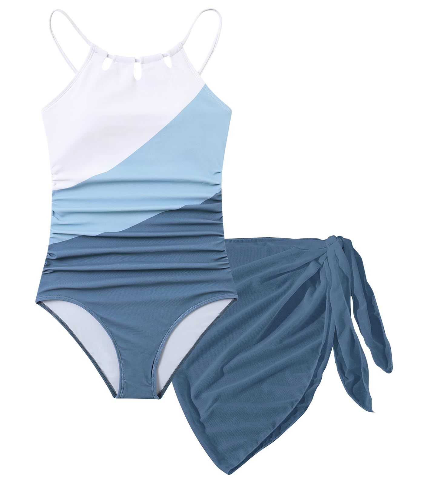 Aideaone Girls Swimsiut One-Piece with Cover Up Adjustable Straps Cut Out Swimwear Beach Bathing Suit Size 8-16
