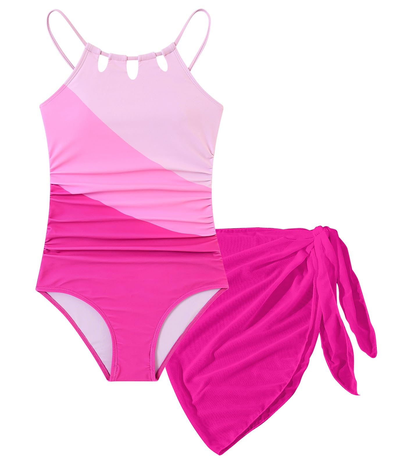 Aideaone Girls Swimsiut One-Piece with Cover Up Adjustable Straps Cut Out Swimwear Beach Bathing Suit Size 8-16