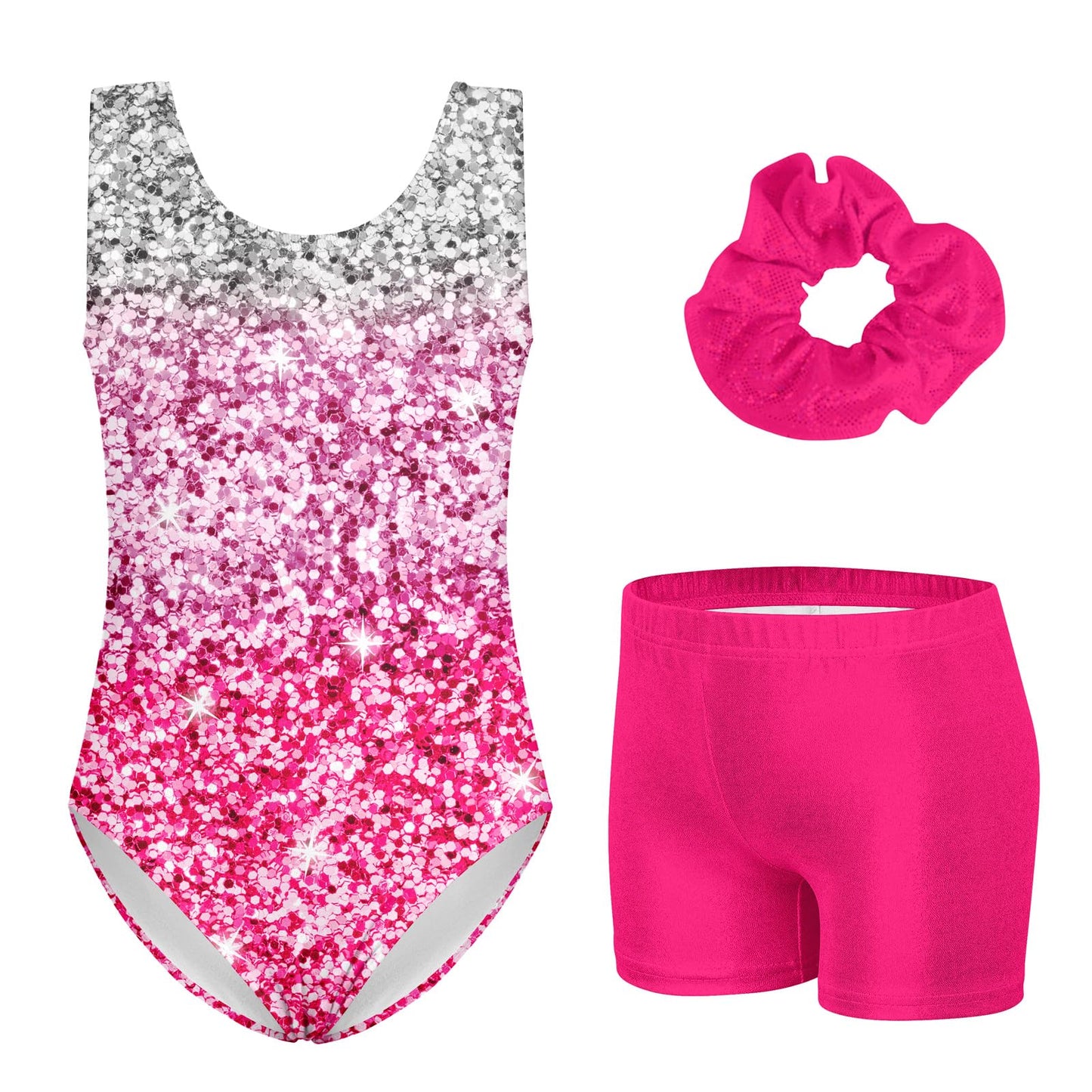 Aideaone Leotards for Girls Gymnastics Sparkly Kids Dance Unitard Biketards with Shorts 4-11Years
