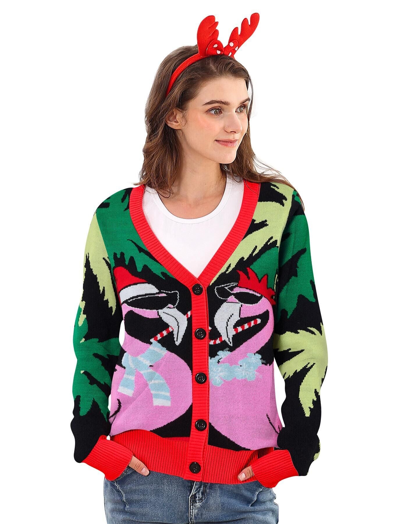 Lollipie Women Ugly Christmas Cardigan Sweater Long Sleeve Button Down Cozy V Neck Sweater Soft Knitwear