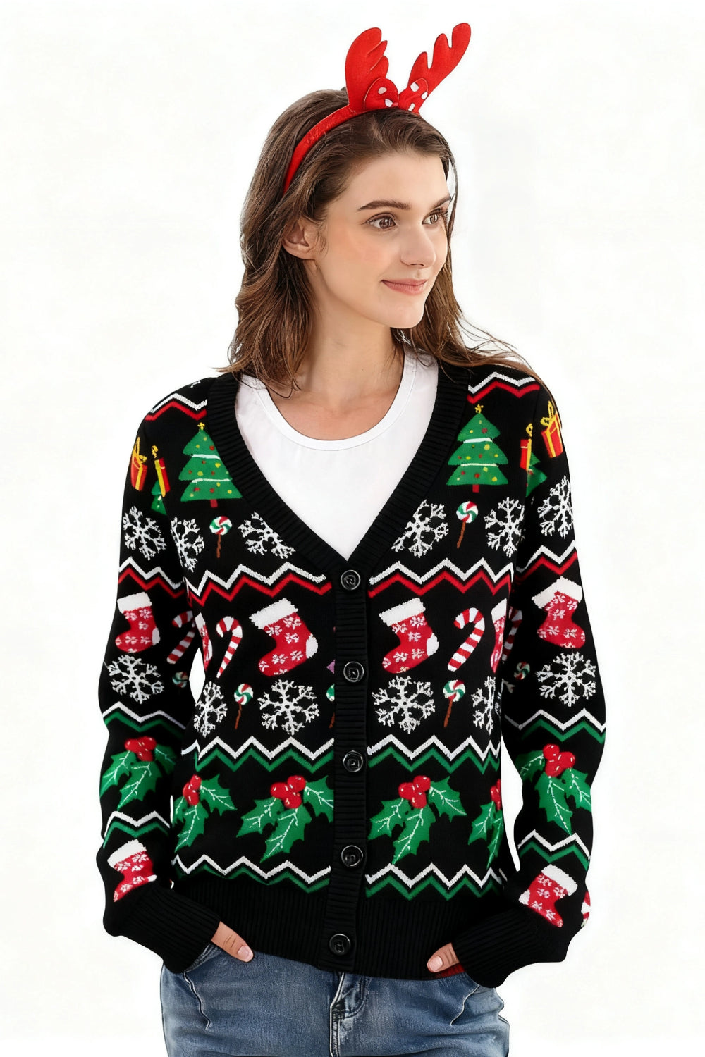 Lollipie Women Ugly Christmas Cardigan Sweater Long Sleeve Button Down Cozy V Neck Sweater Soft Knitwear