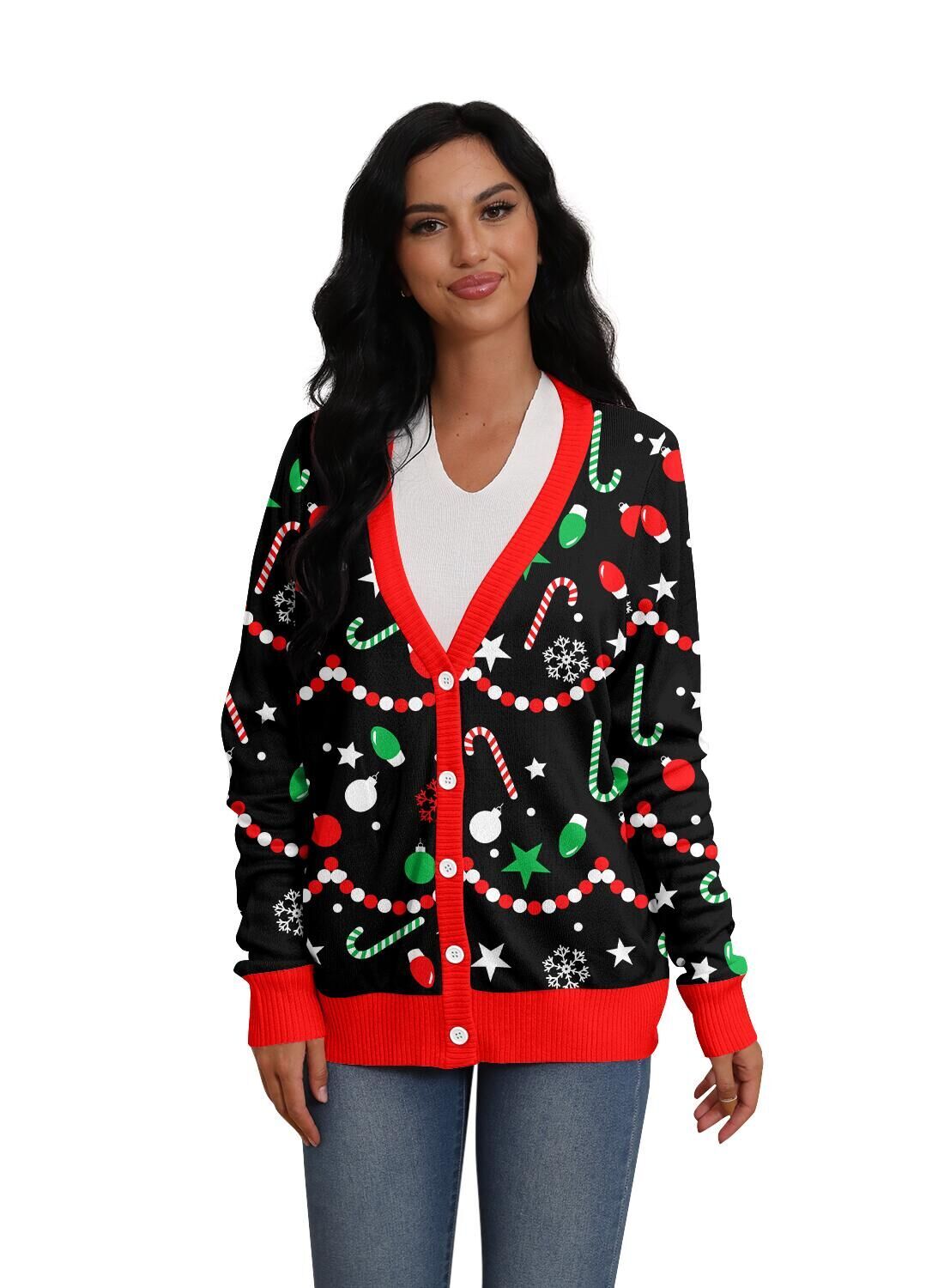 Lollipie Women Ugly Christmas Cardigan Sweater Long Sleeve Button Down Cozy V Neck Sweater Soft Knitwear