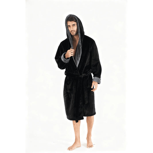 Lollipie Mens Hooded Bathrobe Lightweight Warm Long Style Plush Fleece Bathrobe with Pockets