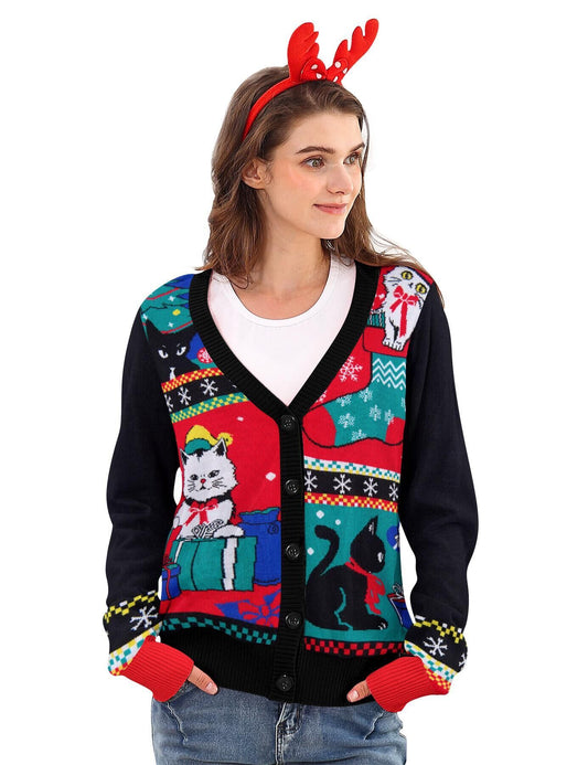 Lollipie Women Ugly Christmas Cardigan Sweater Long Sleeve Button Down Cozy V Neck Sweater Soft Knitwear