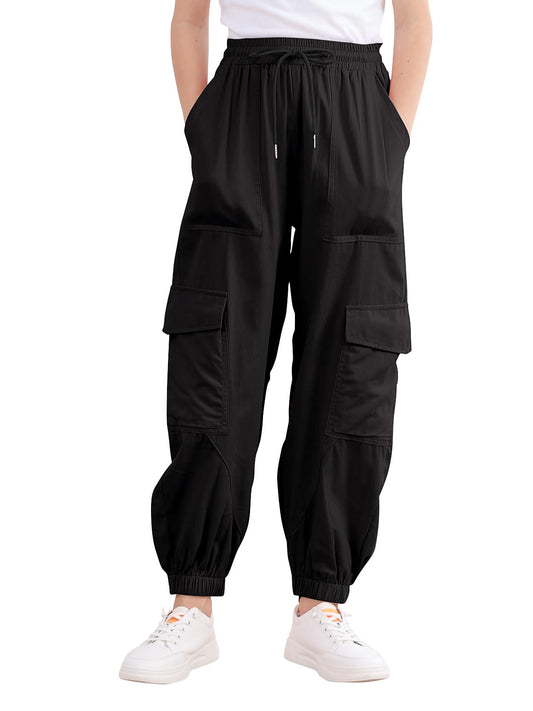 Aideaone Girls Cargo Pants for Kids Elastic Waist Casual Jogger Pant Streetwear Loose Parachute with Pockets Black 7-14Years