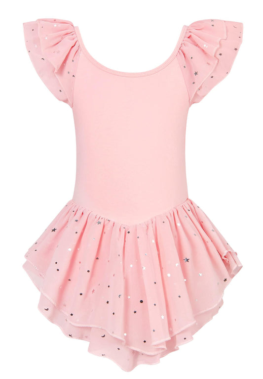Aideaone Girls Ballet Dance Dress Toddler Leotards Ruffle Sleeve Shiny Ballet Tutu Skirt Pink 2-9T
